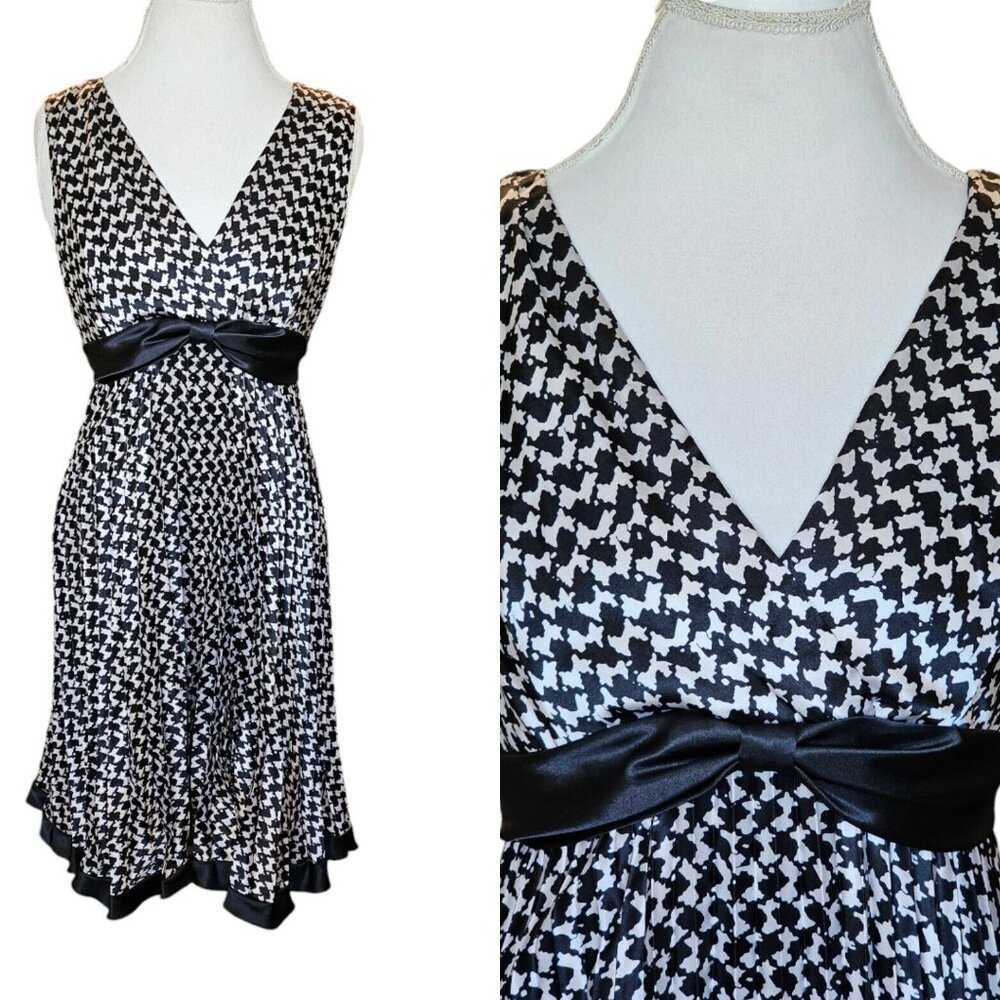 Y2K Size 8 Career Business Dress Houndstooth Empire Waist Pleated Satin Black
